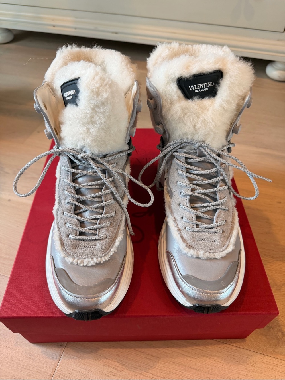 Authentic Valentino Silver and Cream Shearling-Trim High-Top Sneakers